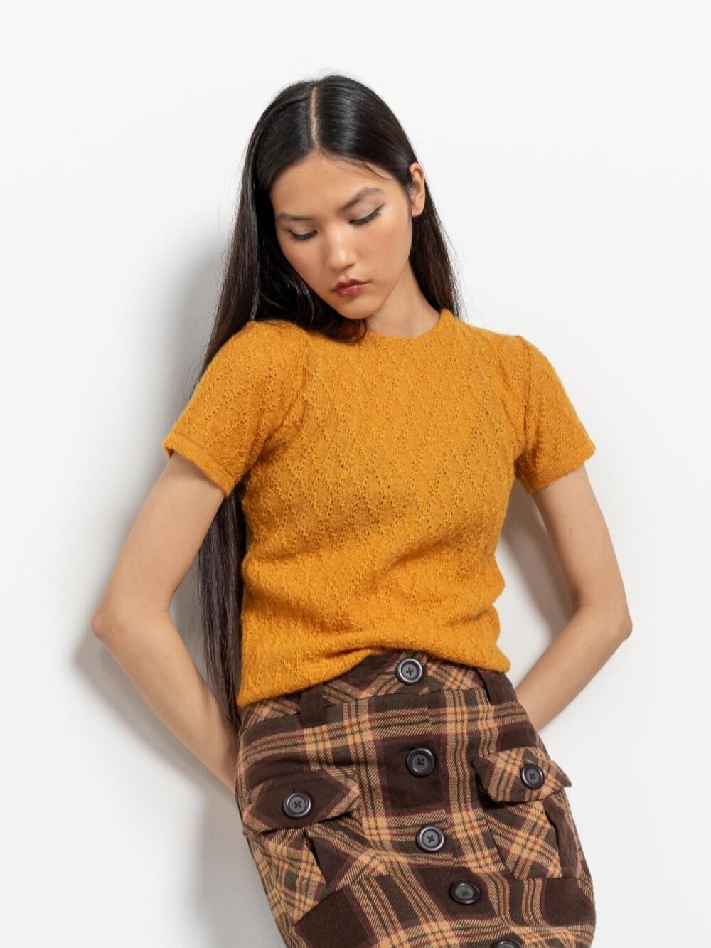 Vintage 60s Eyelet Knit Sweater, Mustard Orange Short Sleeve, Small